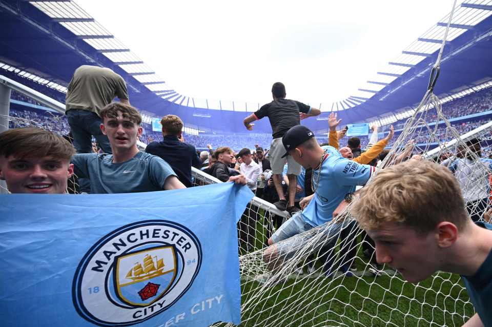 Manchester City fans also broke one of the goals in their overexuberant celebrations