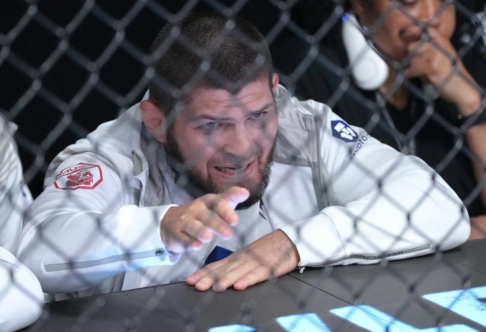 Former UFC lightweight champion Khabib Nurmagomedov watched from Umar Nurmagomedov's corner