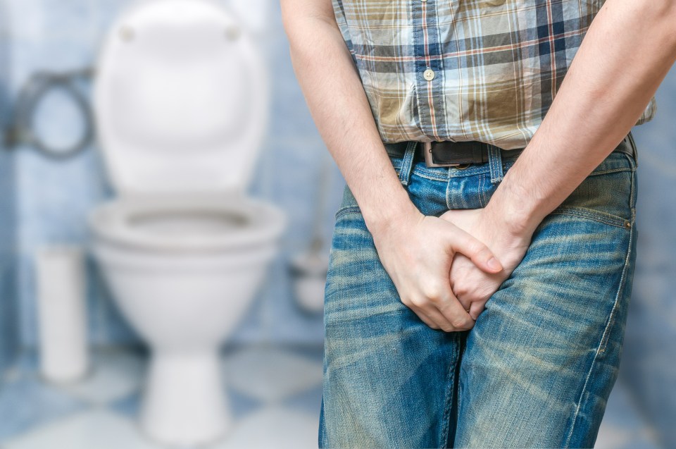 a man in a plaid shirt is standing in front of a toilet