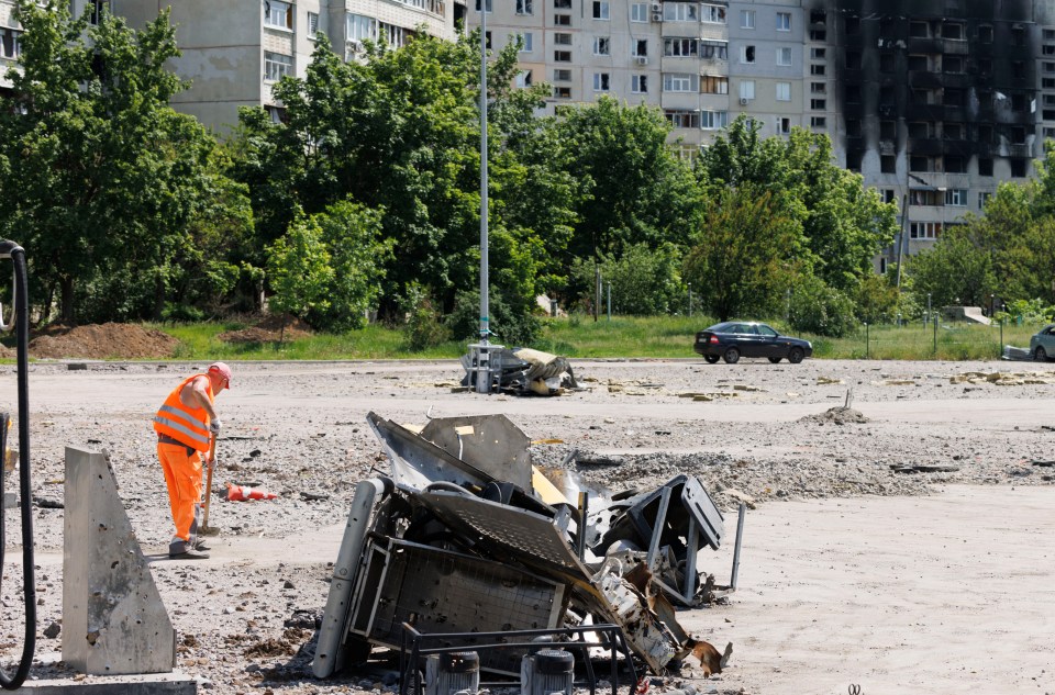 Crumpled wreckage in the ravaged Ukrainian city