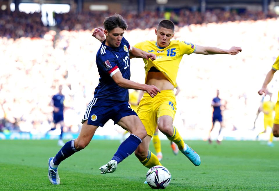 Aaron Hickey (L) played up against Everton's Vitaliy Mykolenko on Wednesday