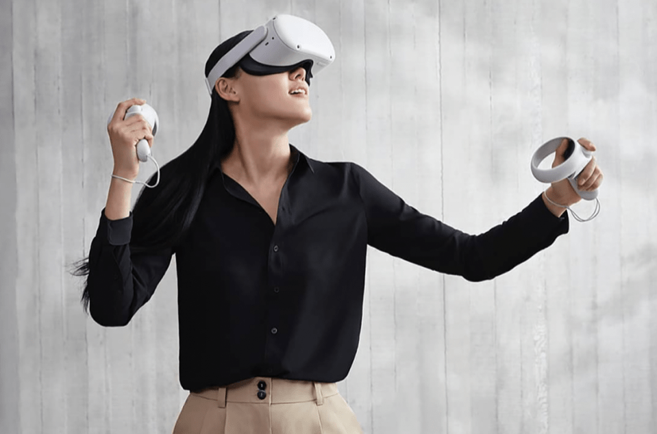 You explore Horizon Worlds using the Meta Quest 2 headset