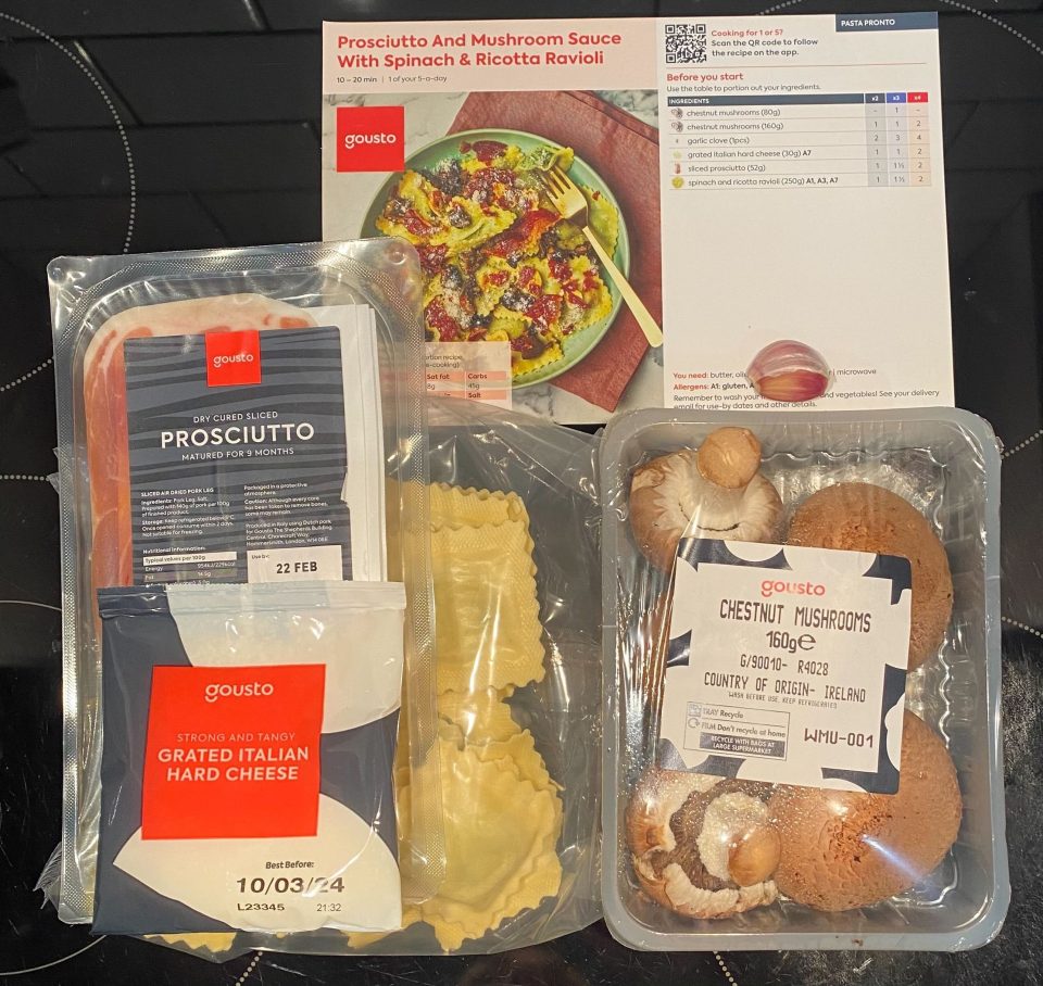 Gousto meal kit ingredients: prosciutto, mushrooms, cheese, and ravioli.