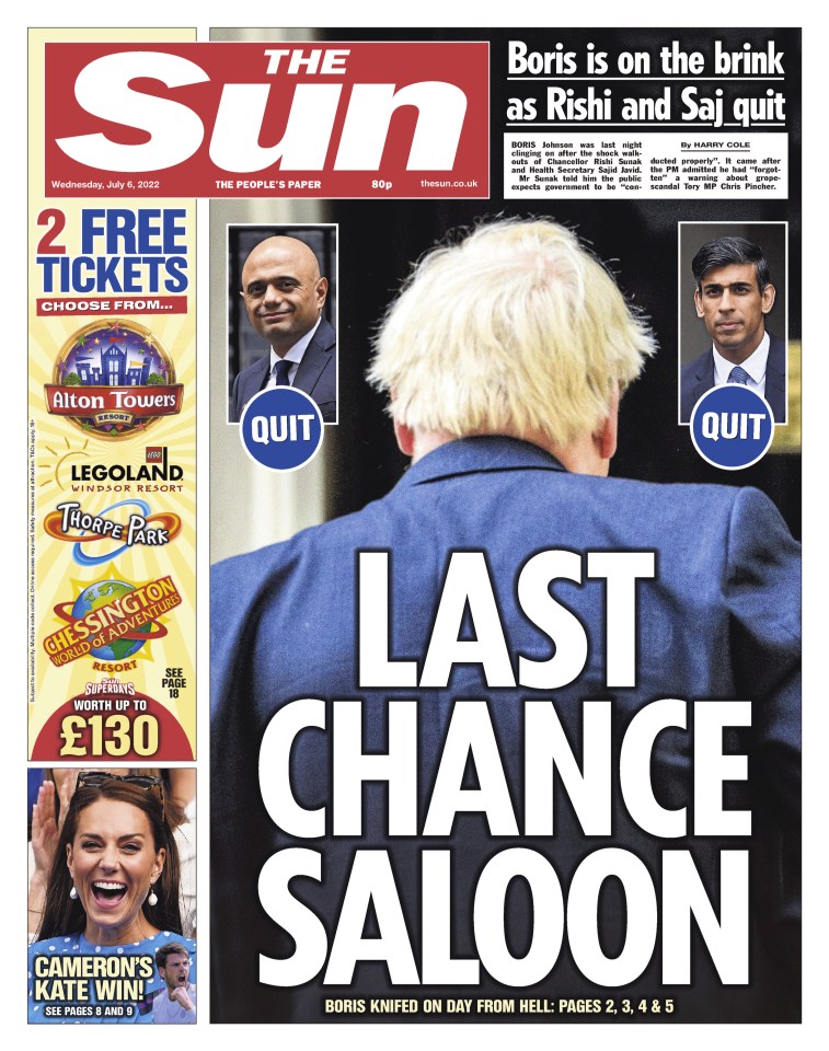 The Sun reported on Chancellor Rishi Sunak and Health Secretary Sajid Javid's resignations