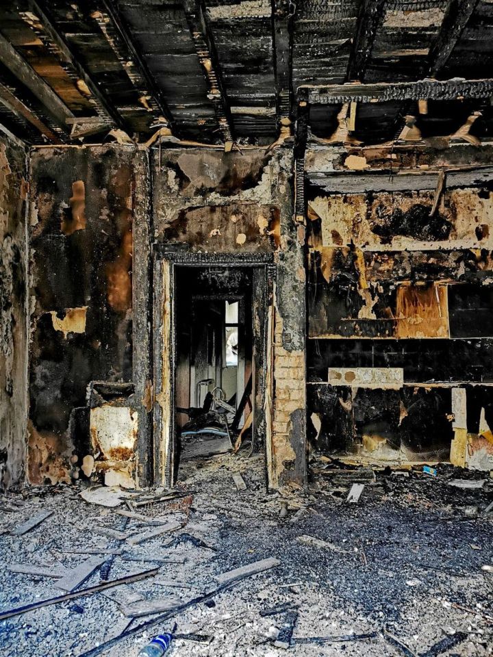 Interior of fire-damaged building.