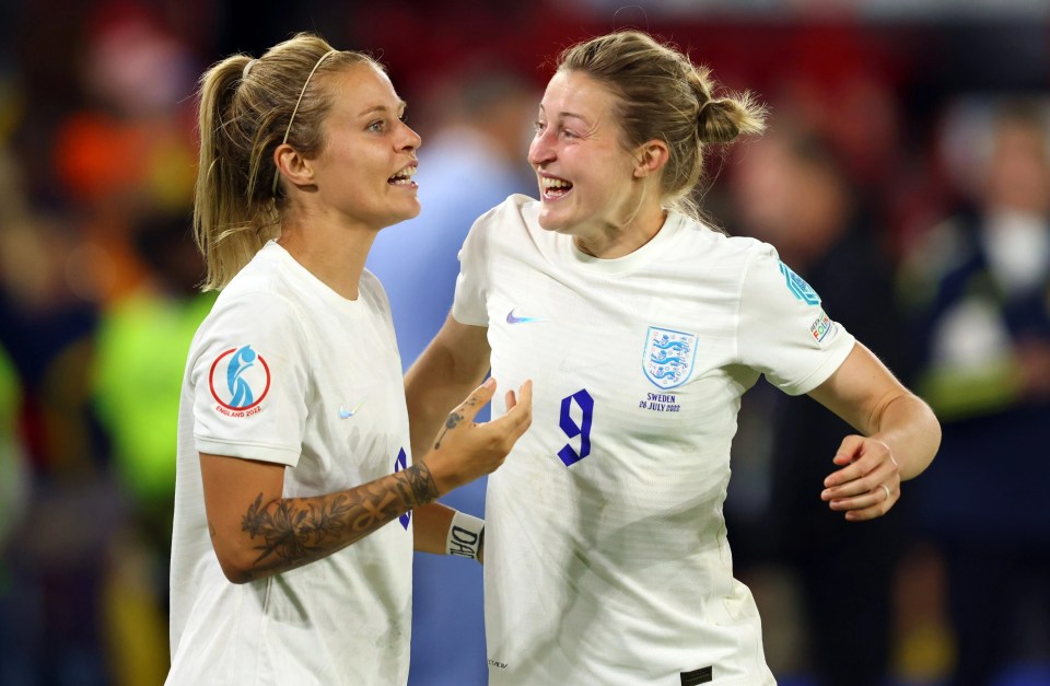 Ellen White, right, and Rachel Daly, left, celebrate as they beat Sweden to earn a spot in the final