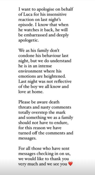 Luca's family posted this message on Instagram after Movie Night