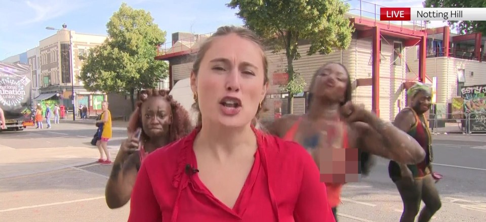 A Notting Hill Carnival reveller suffered a wardrobe malfunction while dancing during a Sky News broadcast