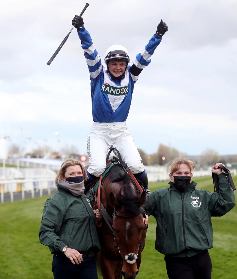 Nicholls celebrates her biggest win which came on Knappers Hill in a Grade 2 at Aintree