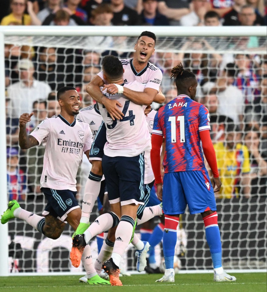 Arsenal forward Martinelli was mobbed by his team-mates after his header at Selhurst Park