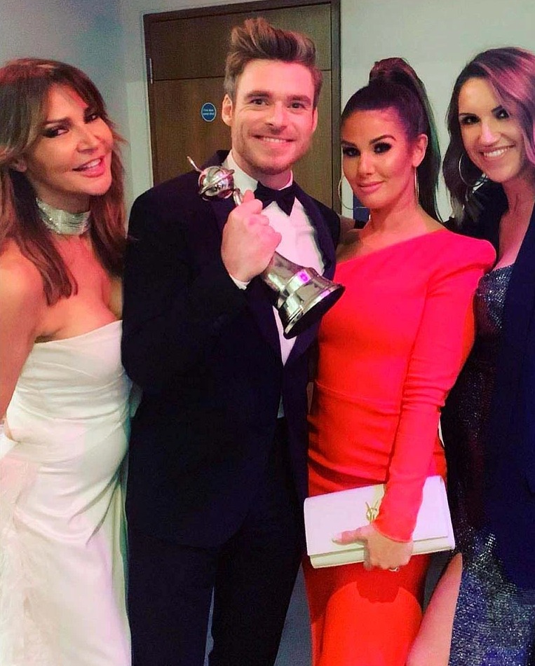 Rebekah to the right of Bodyguard star Richard Madden, with fellow Wag Lizzie Cundy, far left, and Caroline, far right, at the 2019 National TV awards