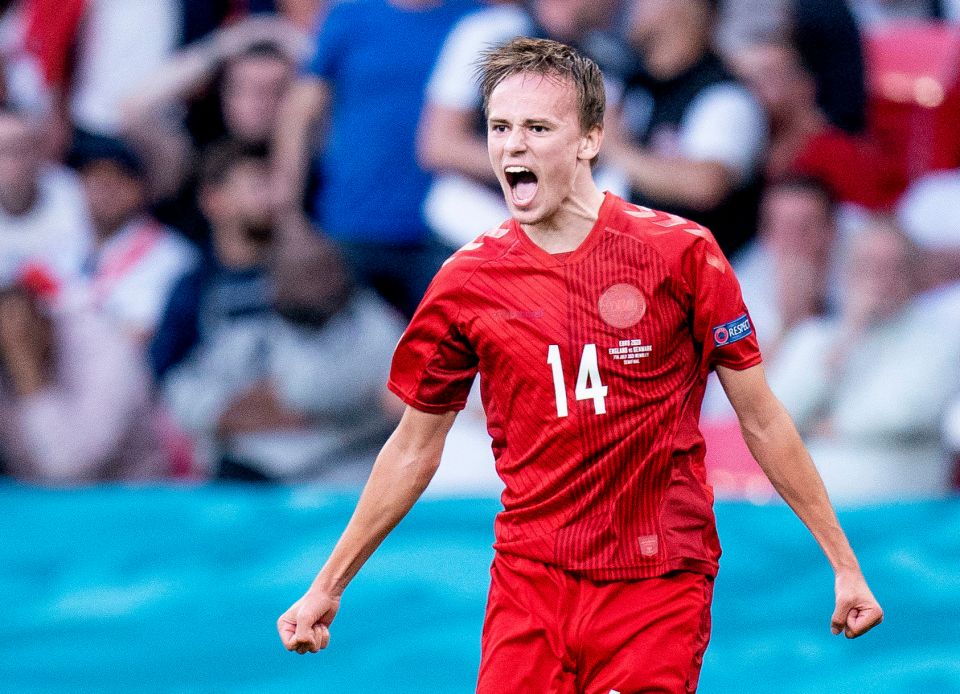 Mikkel Damsgaard celebrates scoring against England at Euro 2020