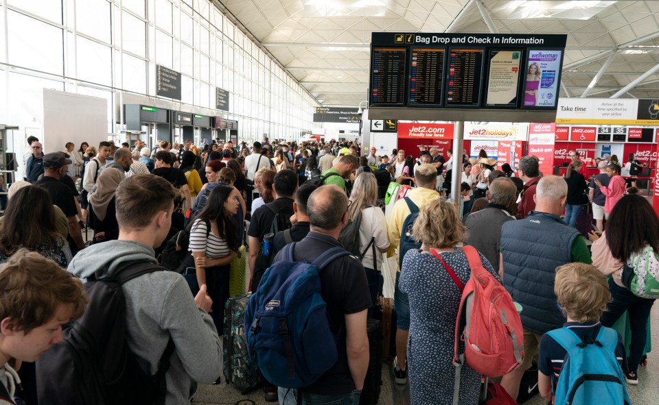 Travellers have faced hour-long queues for their flights, as seen here at Stansted Airport