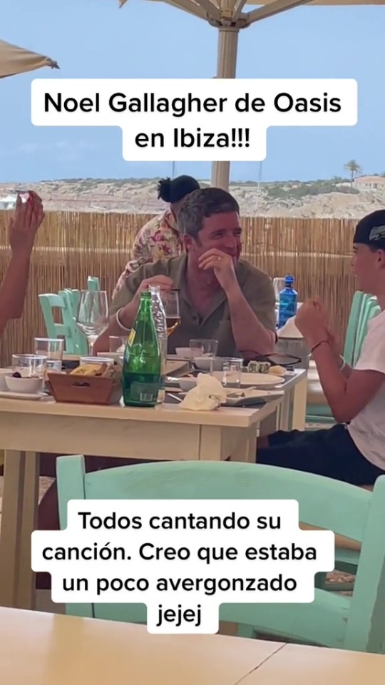Oasis star Noel Gallagher looked embarrassed as an Ibiza restaurant played out his song Wonderwall while he was eating