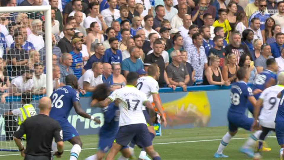 Ref Anthony Taylor appears to have a clear and close view of Cristian Romero pulling Marc Cucurella to the ground by his hair