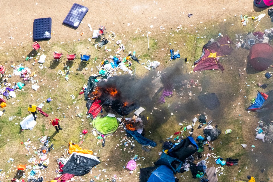 Aerial pictures showed tents still burning
