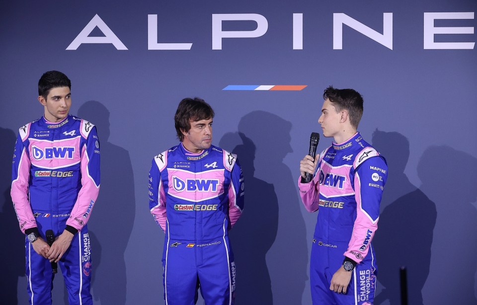 Piastri, right, alongside Alpine drivers Fernando Alonso, centre, and Esteban Ocon, left