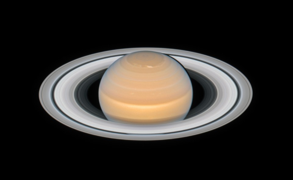 Hubble Space Telescope image of Saturn, showing its rings tilted toward Earth.