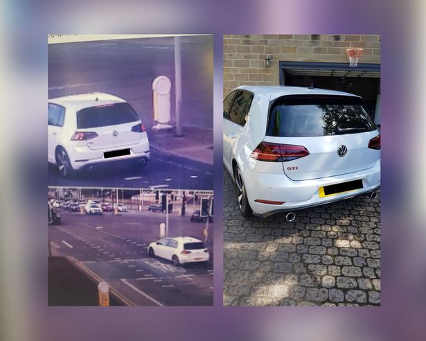 On right is Gary and Clare's VW Golf GTI and on the left is a car with the name registration speeding in Manchester