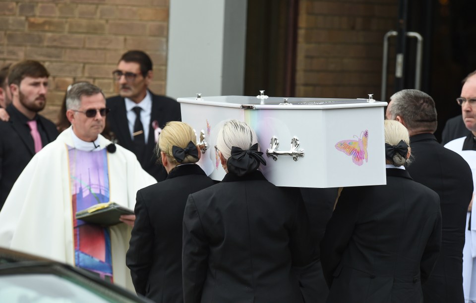 Her white coffin, with butterflies on the side was taken into the church ahead of her funeral service last week