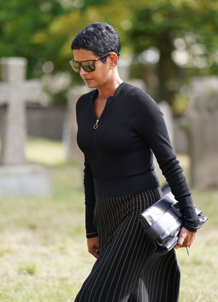 BBC presenter Naga Munchetty arrives for the funeral of TV presenter and journalist Bill Turnbull at Holy Trinity Church in Blythburgh, Suffolk