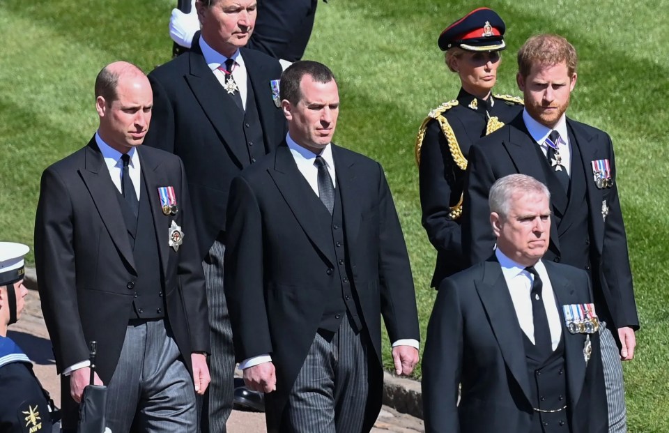 The brothers were separated by cousin Peter Phillips as they followed Prince Philip’s cortege at his funeral