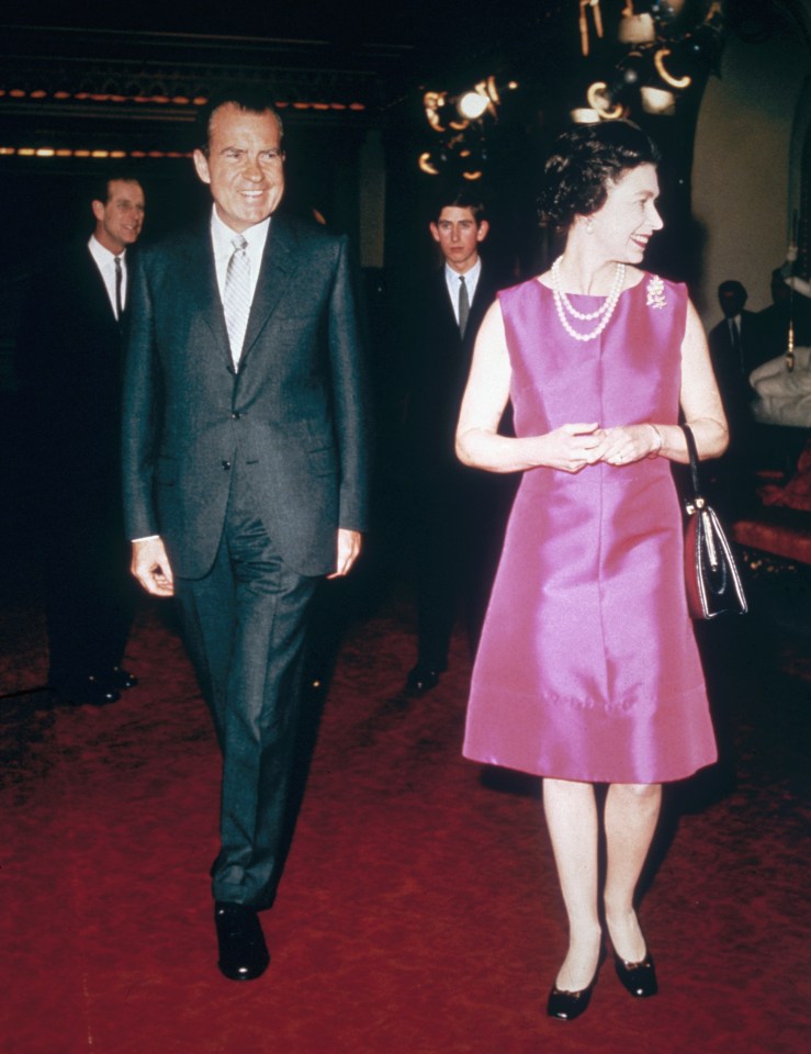 SIMPLE CHIC . . . in a plain pink dress to meet US President Richard Nixon with Prince Charles in 1969
