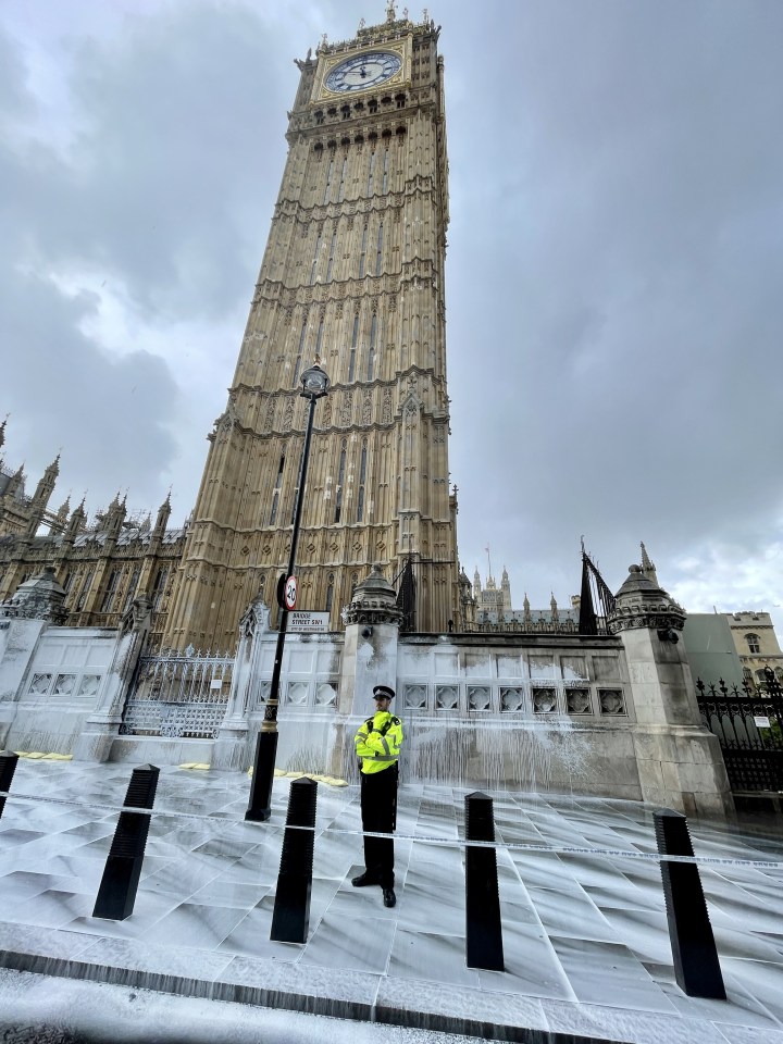 Protesters were arrested after throwing white paint on the walls outside Big Ben