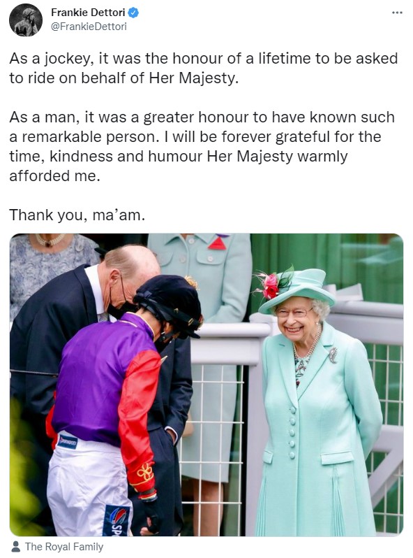 Dettori paid special tribute to The Queen with this heartfelt message