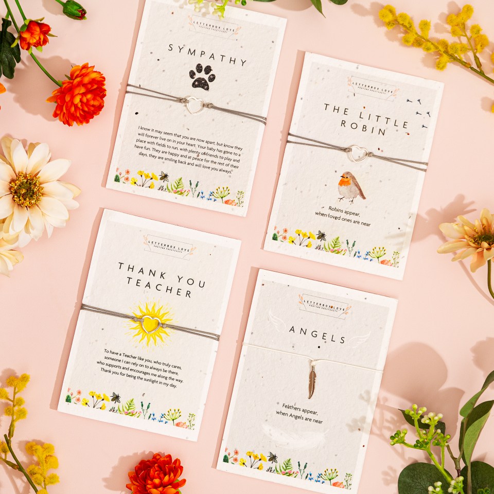 Four seed paper cards with inspirational messages and bracelets.