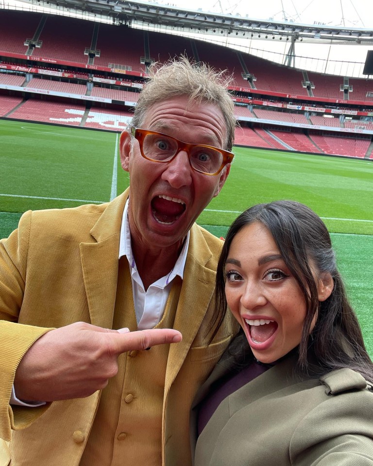 Pro Katya claims any fitness left over from his footballing days is hampered by his love of tea breaks - pictured Tony and Katya at Arsenal ground