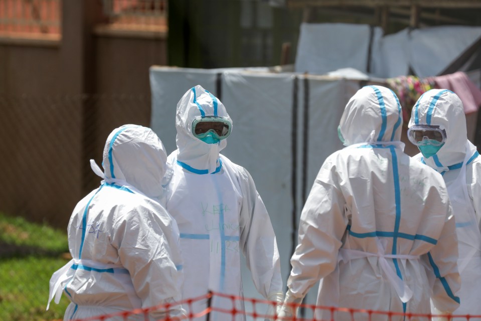 Doctors are pictured above outside an Ebola isolation section in Mubende, Uganda