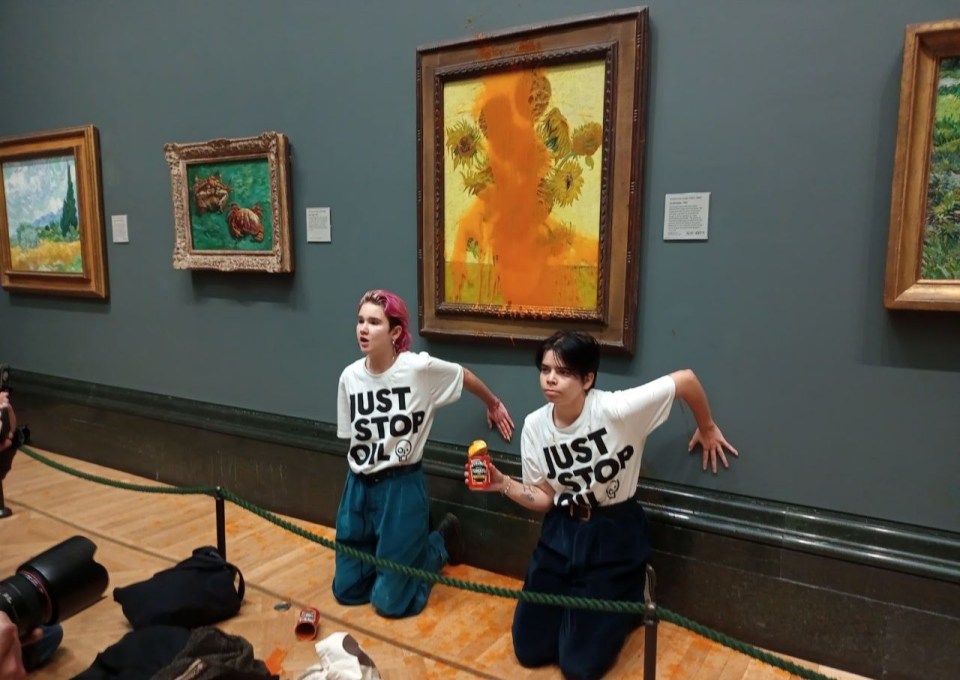 The pair are said to have targeted the artwork at the National Gallery and glued their hands to the wall