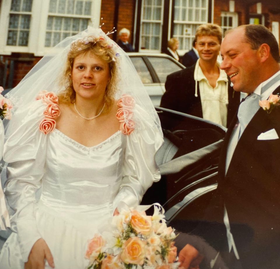 Debbie Griggs, 34, is seen with her killer husband Andrew Griggs, 60, on their wedding day