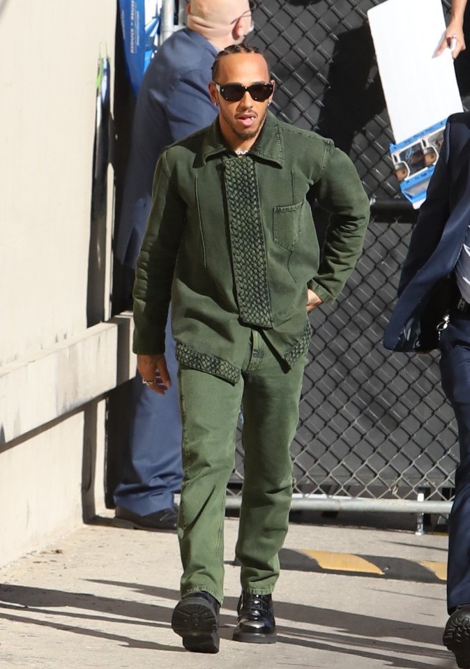 The F1 superstar donned a green double denim outfit