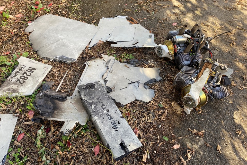Parts of an Iranian made suicide drone Shahed-136 found after Russian strike on fuel storage facilities in Kharkiv