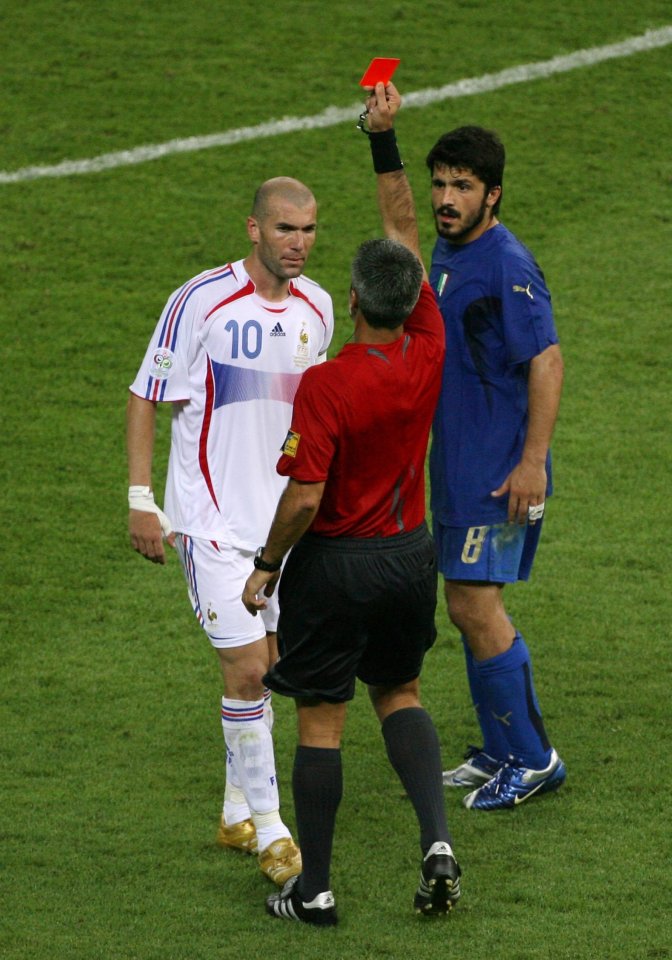 Zinedine Zidane receiving a red card during the 2006 World Cup final vs Italy after headbutting Marco Materazzi