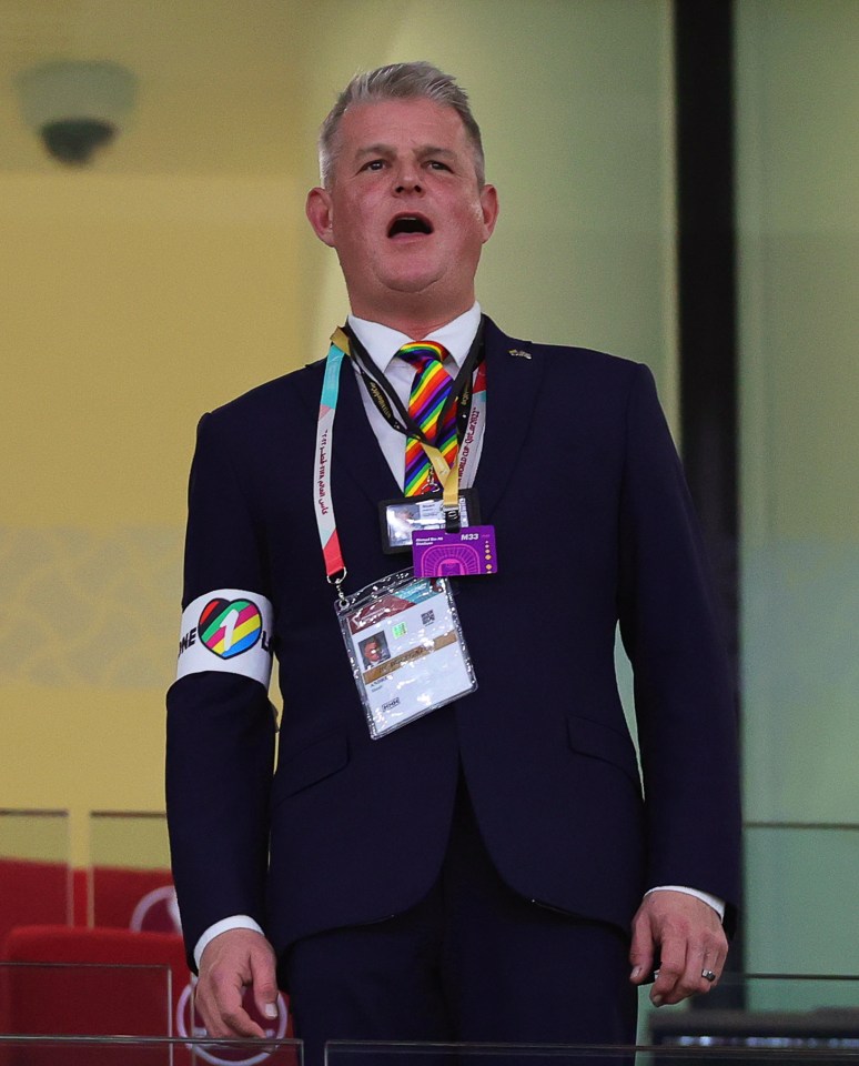 Sports minister Stuart Andrew turned up to the Wales versus England match wearing an LGBTQ+ One Love armband