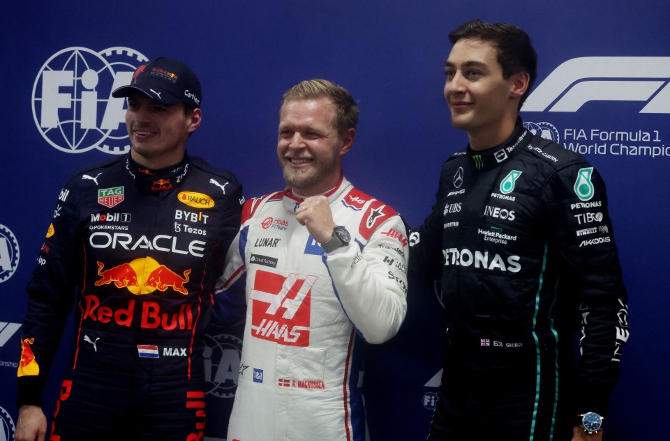 Max Verstappen (left) and George Russell (right) qualified 2nd and 3rd but were overshadowed by Magnussen's extraordinary feat