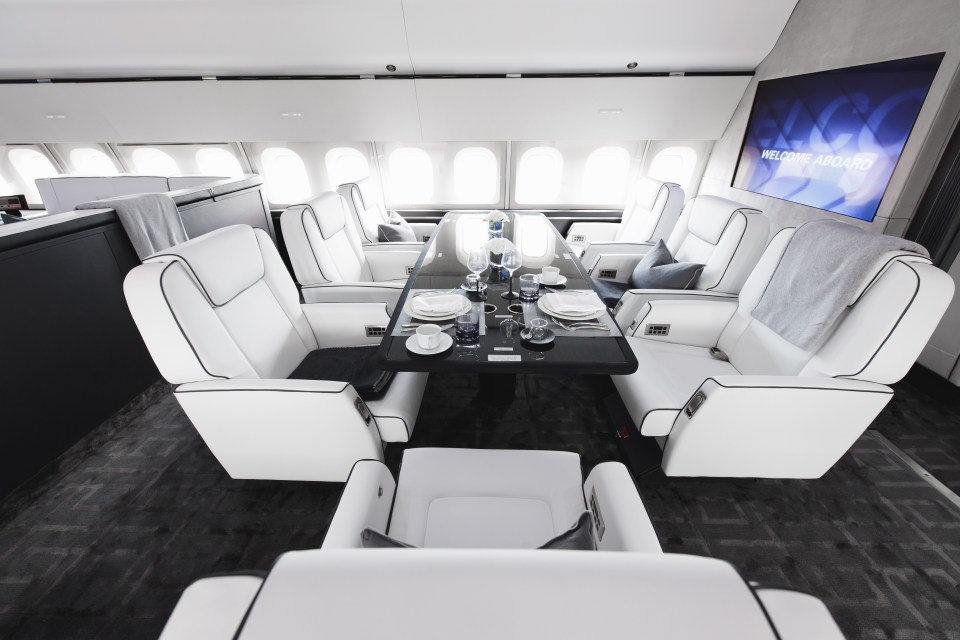 The jet also boasts chic white leather seating and sleek black tables as well as 80-inch TVs