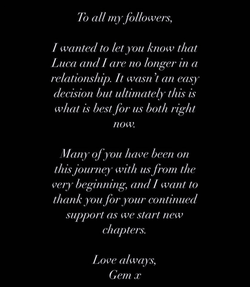 Gemma broke the news of the split on Instagram