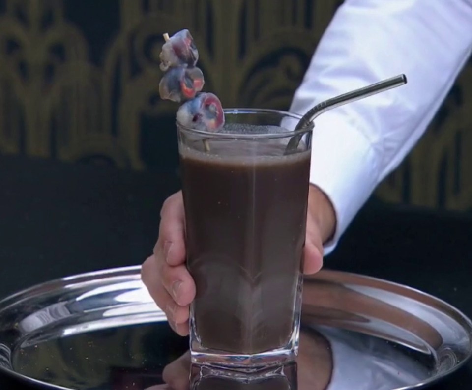 The stars are shown in the sneak peak being served glasses including blended fish eyes
