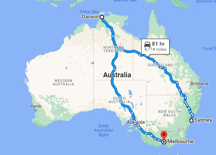 Instead of going directly to Melbourne, her flight would take her up to Darwin and back down again