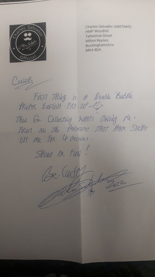 Bronson wrote, in a chilling letter to a fan, that he would go 'collecting what's owing' to him