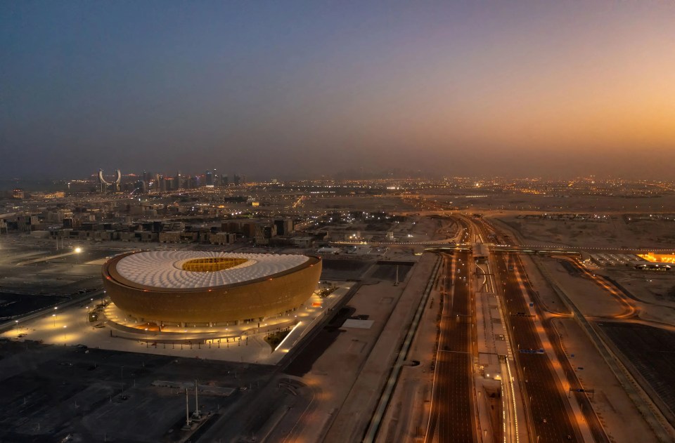 Lusail Stadium with the Katara Towers in the background