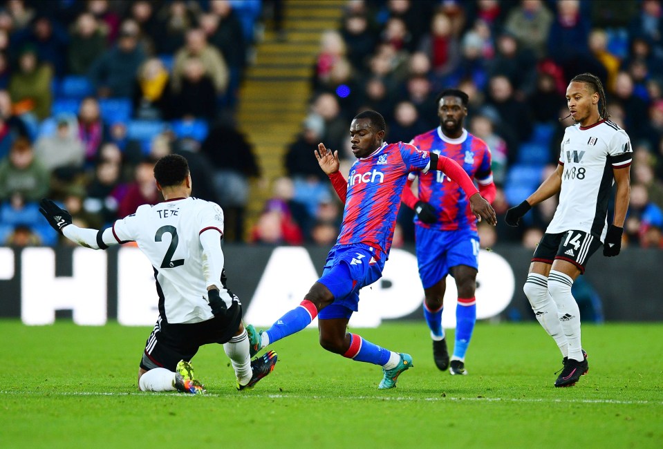 Crystal Palace ace Tyrick Mitchell was sent off after a late challenge on Fulahm's Tete
