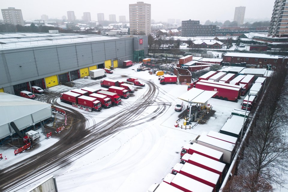 Royal Mail vehicles covered in show as the postal company continues with industrial action across its network.