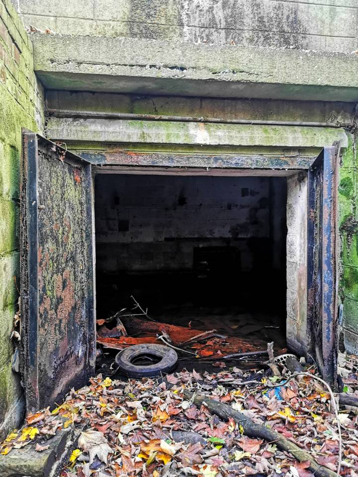 Debris and leaves line one of the entrances to the waterlogged interior of the site
