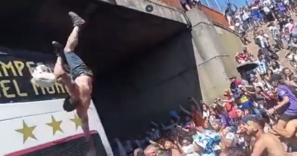 Incredibly this Argentina fan was thought to have escaped without serious injury from this leap onto the team bus