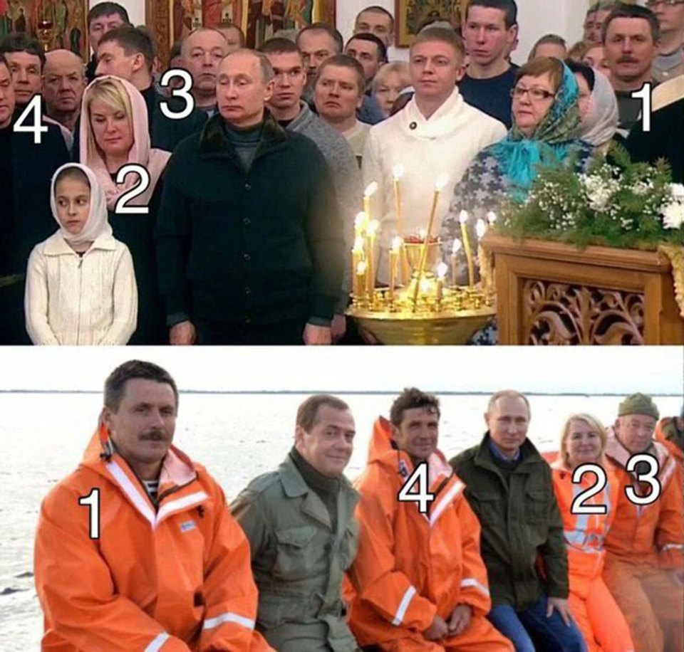 Social media users identified several recurring figures surrounding Putin in different settings